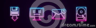 Set line Floppy disk backup, Dead monitor, New, email incoming message and Hard drive HDD. Glowing neon icon. Vector Vector Illustration