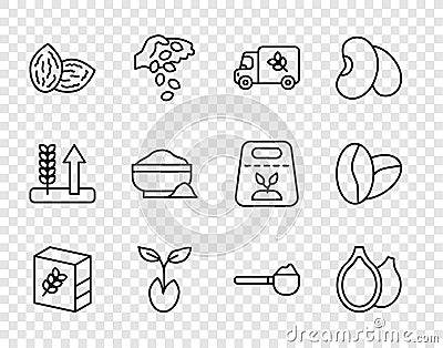 Set line Flour pack, Pumpkin seeds, truck, Sprout, Seed, bowl, Measuring cup with flour and Coffee beans icon. Vector Vector Illustration