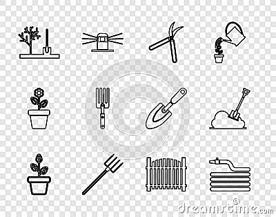 Set line Flowers in pot, Garden hose or fire hose, Gardening handmade scissor, pitchfork, Planting tree the ground Vector Illustration