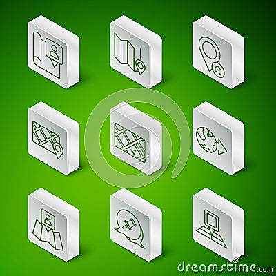 Set line Folded map with location marker, Push pin, Gps device, and Location the globe icon. Vector Stock Photo