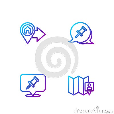 Set line Folded map with location marker, Push pin, Location house and . Gradient color icons. Vector Stock Photo