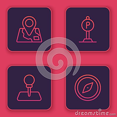 Set line Folded map with location marker, Push pin, Parking and Compass. Blue square button. Vector Vector Illustration