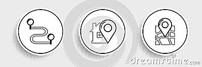 Set line Folded map with location marker, Route and Map pointer house icon. Vector Stock Photo