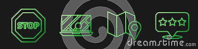 Set line Folded map with location marker, Stop sign, City map navigation and Map pointer with star. Gradient color icons Vector Illustration