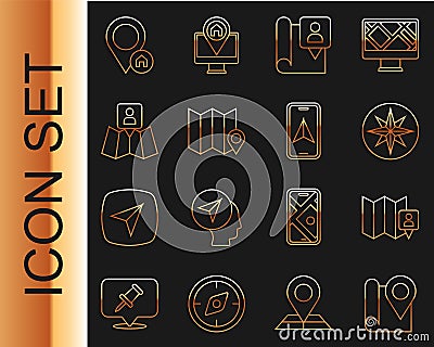 Set line Folded map with location marker, Wind rose, Location house and City navigation icon. Vector Vector Illustration