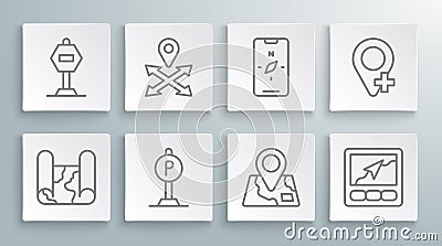 Set line Folded map, Location, Parking, with location marker, Gps device, Compass mobile, and Stop sign icon. Vector Stock Photo