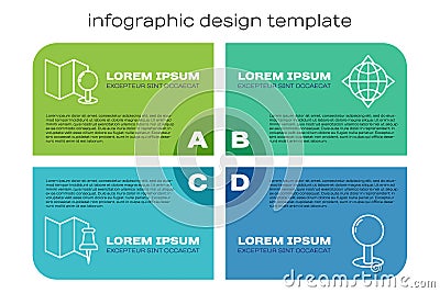 Set line Folded map with push pin, Folded map with push pin, Push pin and World globe with compass. Business infographic Vector Illustration