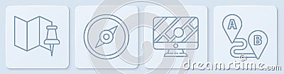 Set line Folded map with push pin, Monitor with location marker, Compass and Route location. White square button. Vector Vector Illustration