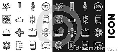 Set line Folder and lock, Processor, Voice assistant, Smartwatch, Virtual reality glasses, Computer cooler, and icon Stock Photo