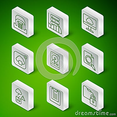 Set line Folder and lock, Server, Data report, Hangar with servers, Hard disk drive HDD, Cloud technology data transfer Vector Illustration