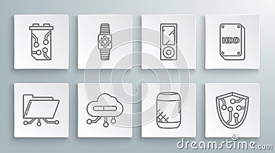 Set line Folder and lock, Smartwatch, Internet of things, Voice assistant, Cyber security, Music player, Hard disk drive Vector Illustration