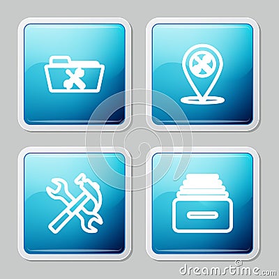 Set line Folder service, Location, Crossed hammer and wrench and Drawer with documents icon. Vector Stock Photo