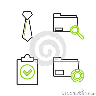 Set line Folder settings with gears, Completed task, Search concept folder and Tie icon. Vector Vector Illustration