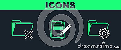 Set line Folder settings with gears, Delete folder and Blank notebook and pencil eraser icon. Vector Stock Photo
