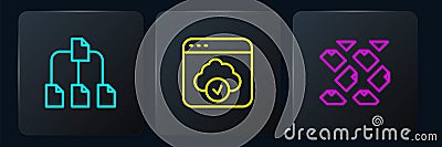 Set line Folder tree, Data stream and Cloud technology data transfer. Black square button. Vector Vector Illustration