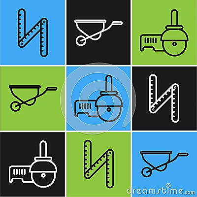 Set line Folding ruler, Angle grinder and Wheelbarrow icon. Vector Vector Illustration