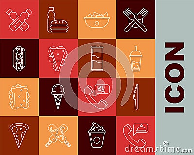 Set line Food ordering, Knife, Glass of lemonade with drinking straw, Nachos plate, Sandwich, Hotdog sandwich mustard Vector Illustration