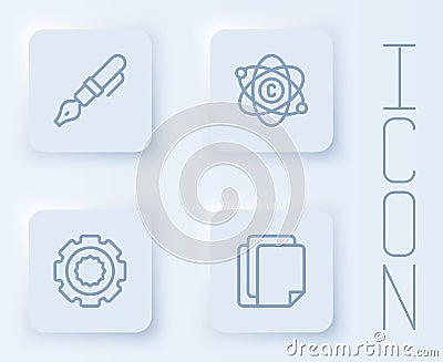 Set line Fountain pen nib, Atom, Gear and File document. White square button. Vector Vector Illustration