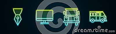 Set line Fountain pen nib, Computer monitor screen, School Bus and . Glowing neon icon. Vector Vector Illustration