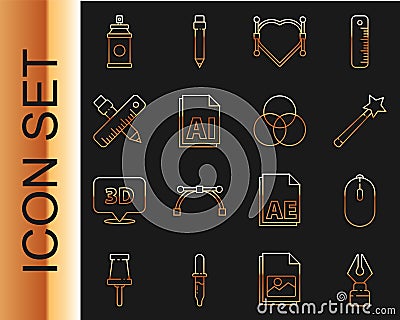 Set line Fountain pen nib, Computer mouse, Magic wand, Heart with Bezier curve, AI file document, Crossed ruler pencil Stock Photo