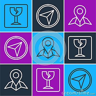Set line Fragile broken glass, Placeholder on map paper and Infographic of city map navigation icon. Vector Vector Illustration