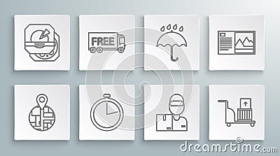 Set line , Free delivery service, Stopwatch, Delivery man with cardboard boxes, Electric hand truck and, Umbrella rain Vector Illustration