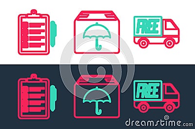 Set line Free delivery service, Verification of list and Delivery package with umbrella icon. Vector Stock Photo