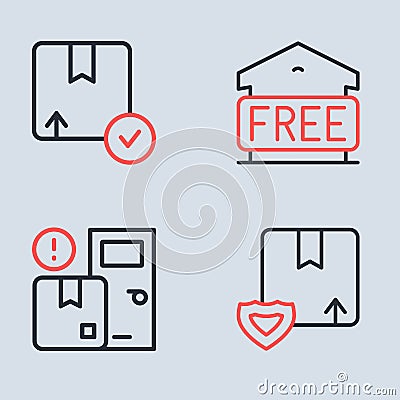 Set line Free storage, Home delivery services, Delivery security with shield and Carton cardboard box icon. Vector Vector Illustration