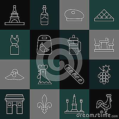 Set line French rooster, Grape fruit, cafe, beret, Croissant package, Woman dress, Eiffel tower and press icon. Vector Stock Photo