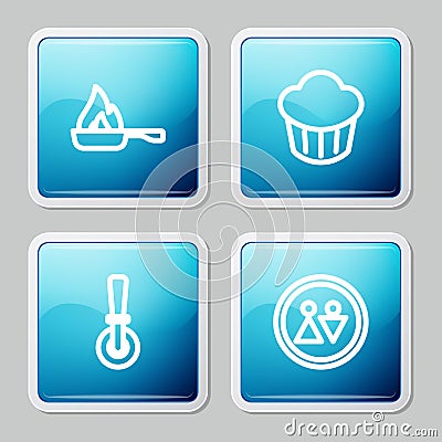 Set line Frying pan, Cupcake, Pizza knife and Toilet icon. Vector Vector Illustration
