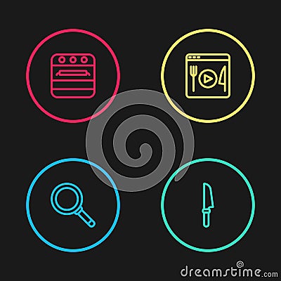 Set line Frying pan, Knife, Cooking live streaming and Oven icon. Vector Vector Illustration