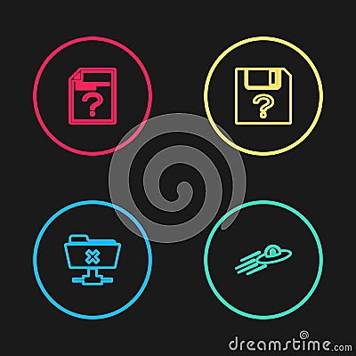 Set line FTP cancel operation, UFO flying spaceship and alien, Unknown document and icon. Vector Vector Illustration