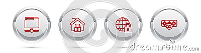 Set line FTP folder, House under protection, Global lockdown and Password. Silver circle button. Vector Vector Illustration