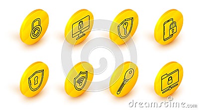Set line FTP folder and lock, Key, Shield with WiFi wireless internet network, keyhole, Smartphone closed padlock, Lock Vector Illustration