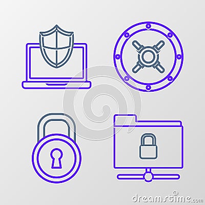 Set line FTP folder and lock, Lock, Safe and Laptop protected with shield icon. Vector Vector Illustration