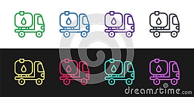 Set line Fuel tanker truck icon isolated on black and white background. Gasoline tanker. Vector Vector Illustration