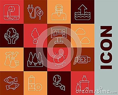 Set line Full dustbin, Medical protective mask, Cloud, Face, Tree, Hands holding Earth globe, Wastewater and Television Stock Photo