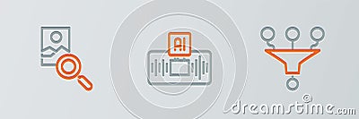 Set line Funnel or filter, Photo retouching and Artificial intelligence AI icon. Vector Vector Illustration