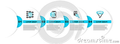 Set line Funnel or filter, Photo retouching, Cloud technology data transfer and Neural network icon. Vector Vector Illustration