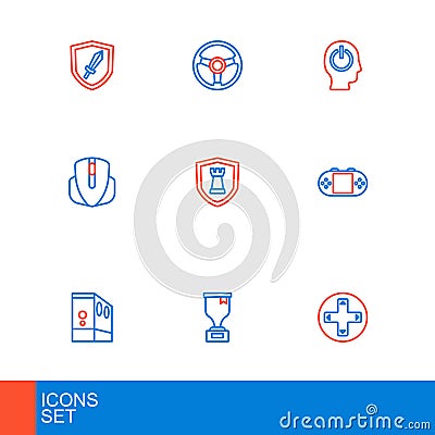 Set line Game controller or joystick, Award cup, Case of computer, Portable video game console, Computer mouse, Chess Vector Illustration