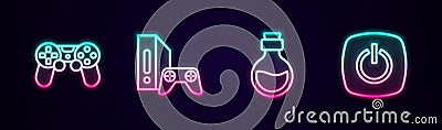Set line Game controller or joystick, console with, Bottle magic elixir and Power button. Glowing neon icon. Vector Vector Illustration