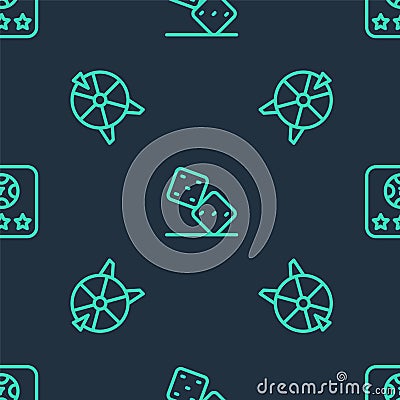 Set line Game dice, Lucky wheel and Online poker table game on seamless pattern. Vector Vector Illustration