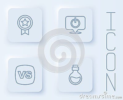 Set line Game rating with medal, Power button, VS Versus battle and Bottle magic elixir. White square button. Vector Vector Illustration