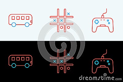 Set line Gamepad, Bus toy and Tic tac toe game icon. Vector Vector Illustration