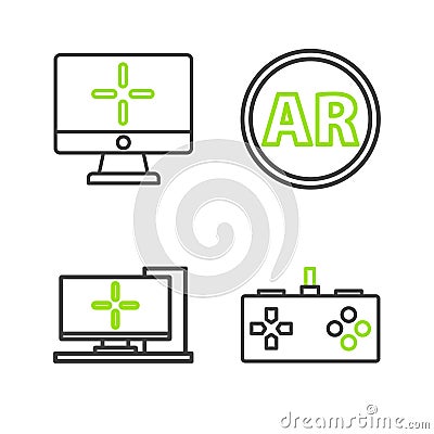 Set line Gamepad, Computer monitor, Ar, augmented reality and icon. Vector Stock Photo