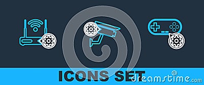 Set line Gamepad setting, Router and wi-fi and Security camera icon. Vector Stock Photo