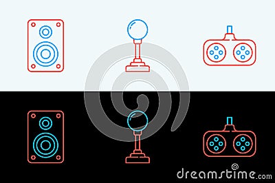 Set line Gamepad, Stereo speaker and Joystick for arcade machine icon. Vector Stock Photo