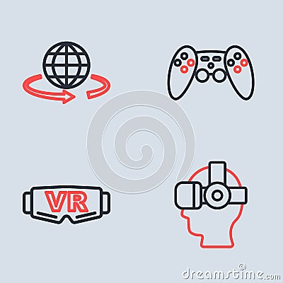 Set line Gamepad, Virtual reality glasses, and 3d modeling icon. Vector Vector Illustration
