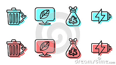Set line Garbage bag with recycle, Recycle bin with recycle, Location with leaf and Battery icon. Vector Vector Illustration