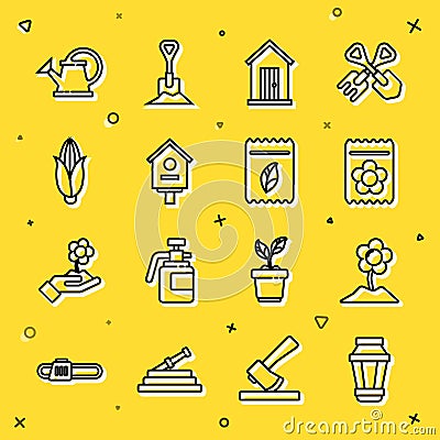 Set line Garden light lamp, Flower, Pack full of seeds of plant, Farm house, Bird, Corn, Watering can and icon. Vector Vector Illustration